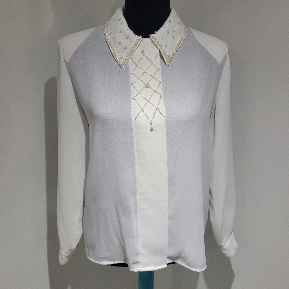 Braemar Petites Women's Vintage Pearl Beaded Blouse 10 White Old Money Fairycore